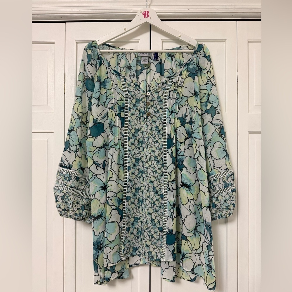Catherine's Watercolor 3/4 Sleeve Sheer V-Neck Tunic Blouse Size 3XWP 26/28